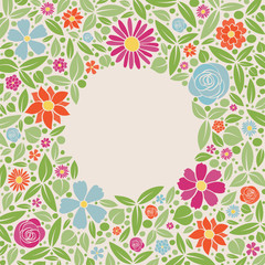 Multicoloured background with cute flowers and copyspace. Spring background. Vector.
