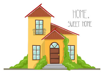 Cartoon house illustration with bushes, from front. Vector illustration of home, isolated on white.