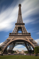 Fototapeta na wymiar Eiffel Tower Long Exposure Photo with a Great Dynamic Sky and Clouds