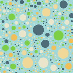 Colorful polka dots seamless pattern on bright 13 background. Beautiful classic colorful polka dots textile pattern. Seamless scattered confetti fall chaotic decor. Abstract vector illustration.