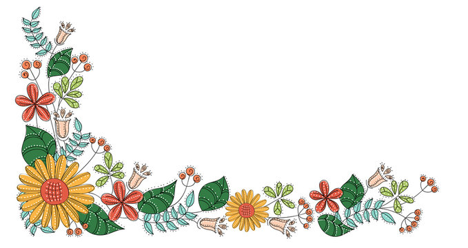 Cartoon corner decoration with flowers, plants and leaves. Vector  illustration isolated on white for nature and spring design Stock Vector |  Adobe Stock