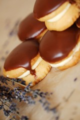Fresh pastries cakes Boucher and lavender on the table