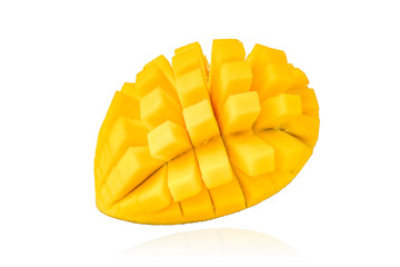 Mango fruit isolated on white background with drop shadow.