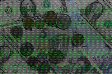 international banknote and coin among binary code background