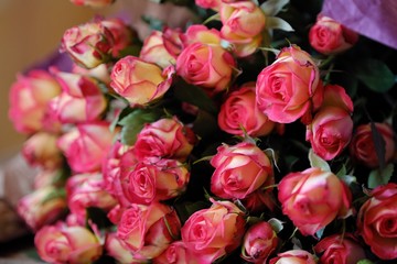 Beautiful bouquet of pink roses on the table  