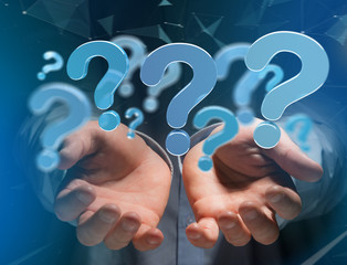 Blue question mark displayed on a futuristic interface - 3d rendering