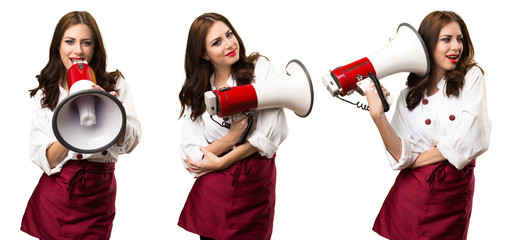 Set of Beautiful chef woman holding a megaphone