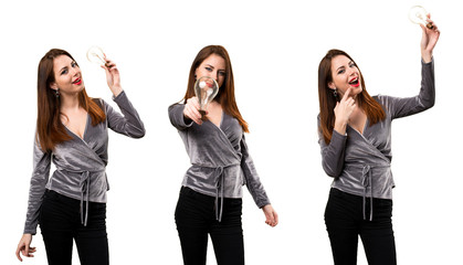 Set of Beautiful young girl holding a bulb