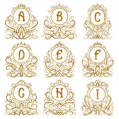 Golden vintage monograms of letters from A to I in patterned frames. Isolated elements for logo design.