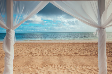 Paradise seascape. Tropical beach view on the Caribbean sea and Dominican Republic