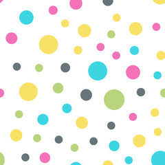 Colorful polka dots seamless pattern on white 10 background. Cute classic colorful polka dots textile pattern. Seamless scattered confetti fall chaotic decor. Abstract vector illustration.