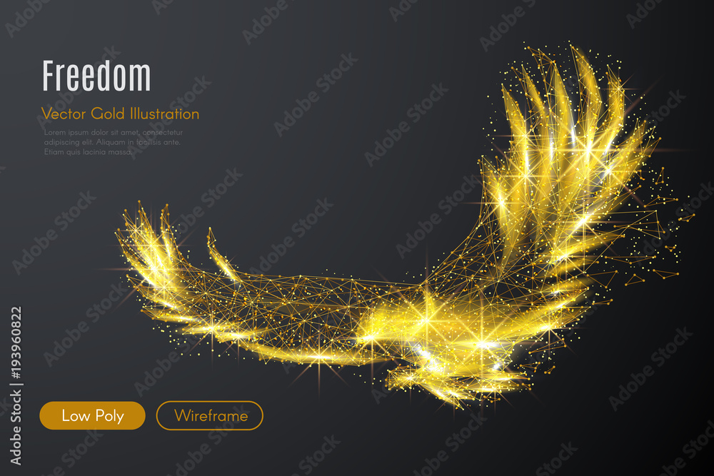 Poster Abstract image of a gold eagle of a starry sky or space, consisting of points, lines, and shapes in the form of planets, stars and the universe. Vector high speed wireframe concept.