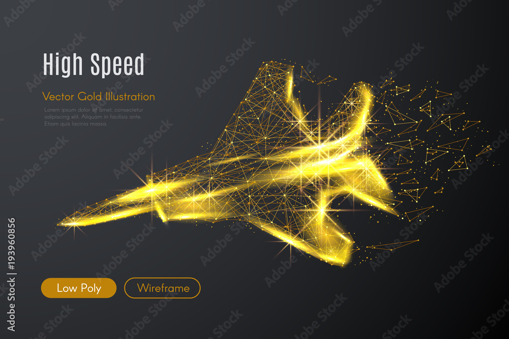Aufkleber abstract image of a gold fighter jet in the form of a starry sky or space, consisting of points, lin