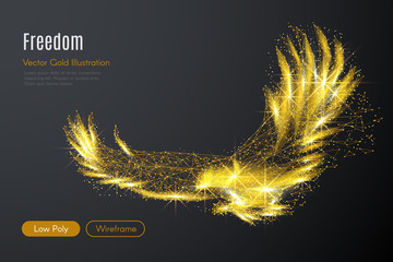 Abstract image of a gold eagle of a starry sky or space, consisting of points, lines, and shapes in the form of planets, stars and the universe. Vector high speed wireframe concept.