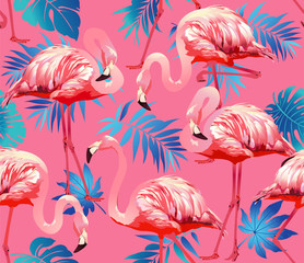 Fototapeta premium Flamingo ptak i tropikalne kwiaty tło - wektor wzór