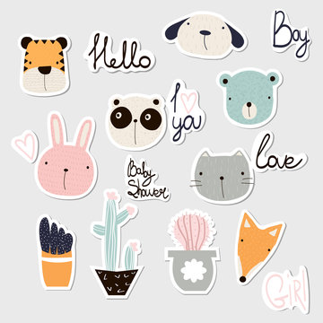 Set of cute stickers with animals, cactus and lettering. Vector hand drawn illustration.