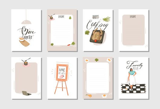 Hand drawn vector abstract modern cartoon cooking studio illustrations cards templete collection set with people,food,vegetables and handwritten calligraphy isolated on white background