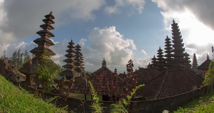 timelapse of temple Pura Besakihin bali with clouds passing by on a sunny day