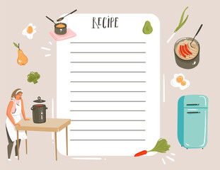 Hand drawn vector abstract modern cartoon cooking studio illustrations recipe card planner templete with woman,food,vegetables and handwritten calligraphy isolated on white background