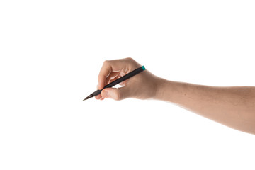 Male hand writing with the marker or felt pen. Isolated on white background.