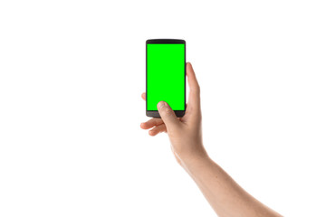 Man hold and touching the blank screen on the black smartphone. Isolated screen with chroma key and all isolated on white background.