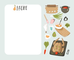 Hand drawn vector abstract modern cartoon cooking studio illustrations recipe card planner templete with food icons,vegetables and handwritten calligraphy isolated on white background