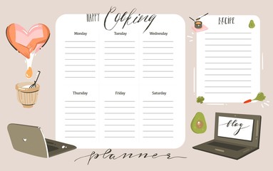Hand drawn vector abstract modern cartoon cooking studio class illustrations weekly cooking planner and recipe card templete with handwritten calligraphy quotes isolated on white background