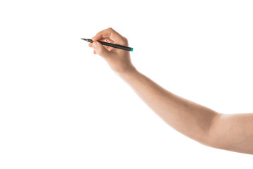 Male hand writing with the marker or felt pen. Isolated on white background.