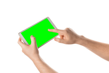 Male hand hold white tablet. Isolated screen with chroma key and all isolated on white background.