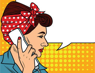 Vector illustration in comic art style of  pretty woman talking by phone. Female's face in profile with dark hair holding retro phone in her hand