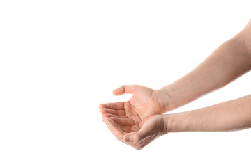 Man hand hold, grab or catch some object, hand gesture. Isolated on white background.