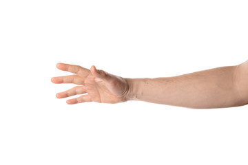 Man hand hold, grab or catch some object, hand gesture. Isolated on white background.