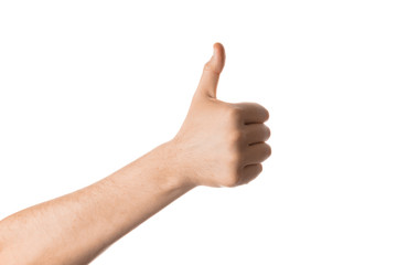 Man giving thumbs up, hand gesture. Isolated on white background.