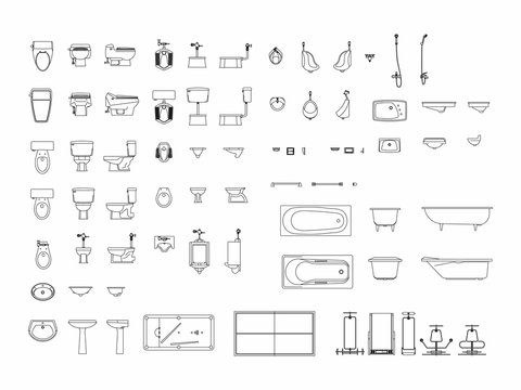 Top view of set furniture elements outline symbol for bathroom, toilet, restroom. Interior icon.