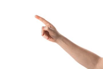 Man pointing with finger, hand gesture. Isolated on white background.