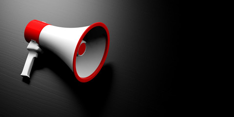 Bullhorn, megaphone white with red details on black background. Close up front view, space for text. 3d illustration