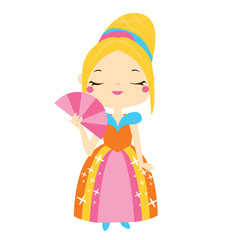 Cute princess holding tan. Girl in queen costume. Cartoon style vector illustration