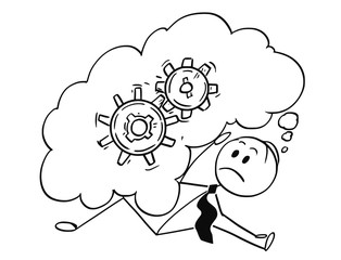 Cartoon stick man drawing conceptual illustration of businessman who is overburdened and buried by large text speech bubble as metaphor for big problem he is thinking about.