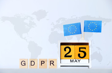 General Data Protection Regulation (GDPR) text and EU flag calendar may 25