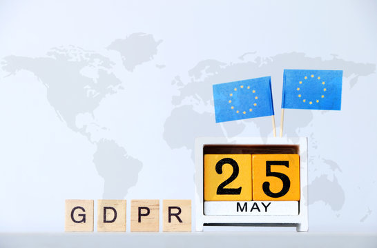 General Data Protection Regulation (GDPR) text and EU flag calendar may 25