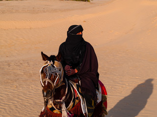 Arabian knight in the desert at sunset, Douz Tunisia, sahara desert