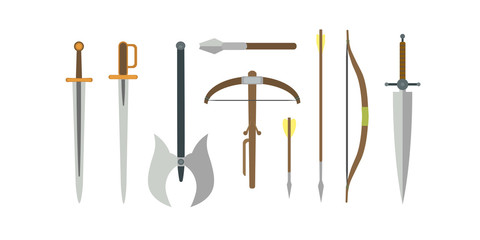 Set of different medieval weapons vector flat illustrations.