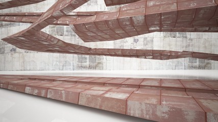 Empty smooth abstract room interior of sheets rusted metal with gray concrete. Architectural background. 3D illustration and rendering