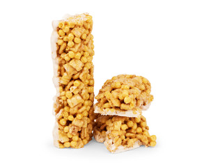 Healthy granola bar (muesli or cereal bar) isolated on white background