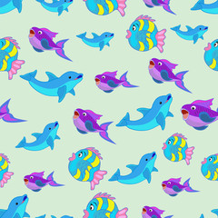 Seamless pattern. Fish and dolphins