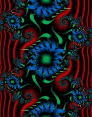 Computer generated 3D fractal ornament.Ornament in blue and green tones on abstract red-black consisting of flowers and spirals.