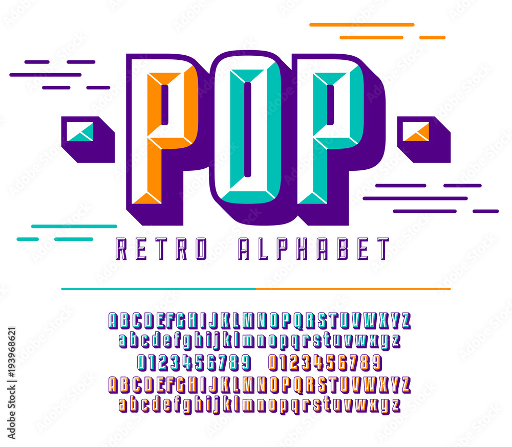 Poster stylish colorful stylized retro pop font and alphabet with numbers, upper and uppercase letters.
