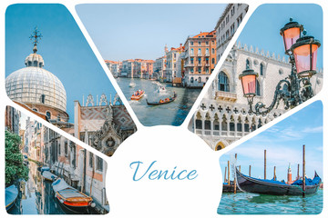 Photo collage from Venice - gondolas, canals, street lights with pink glass, Dodge Palace, set of...