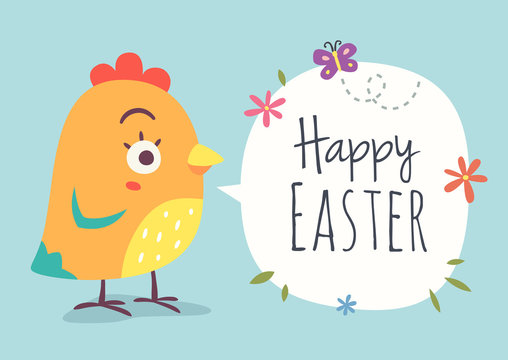 vector happy easter chicken cartoon style greeting card illustration