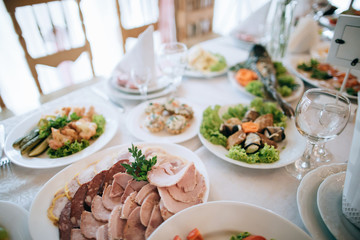 Catering service. Restaurant table with food at wedding